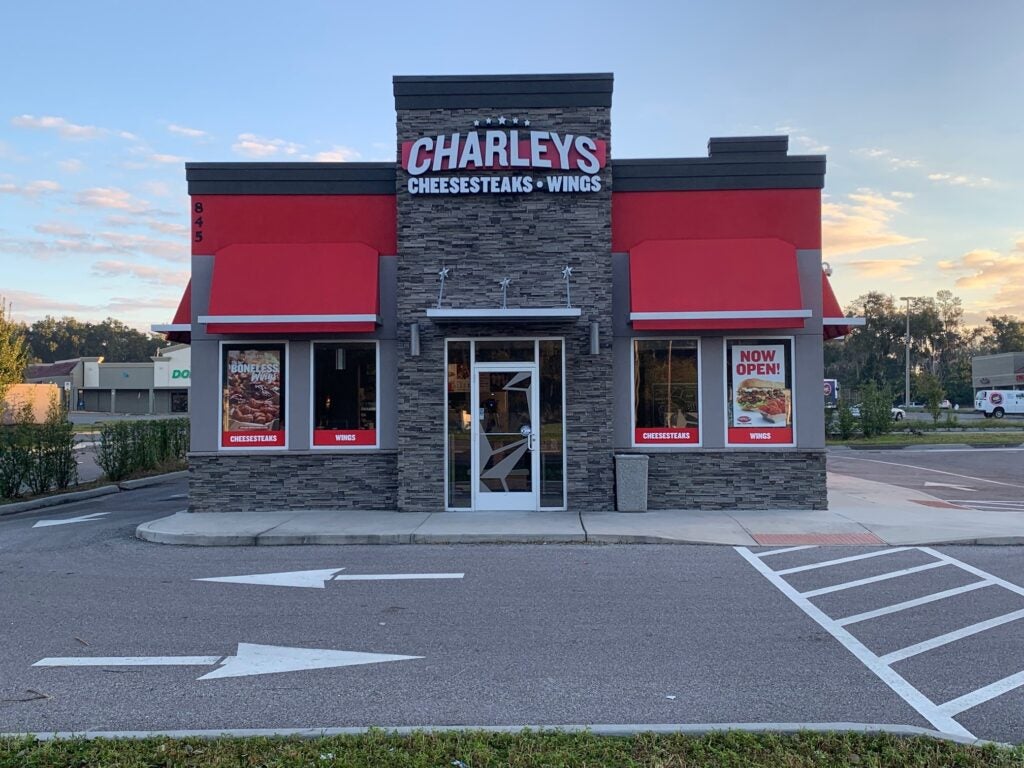 The outside of the building at Charleys Cheesesteaks and Wings at Apopka Land in Apopka, FL.
